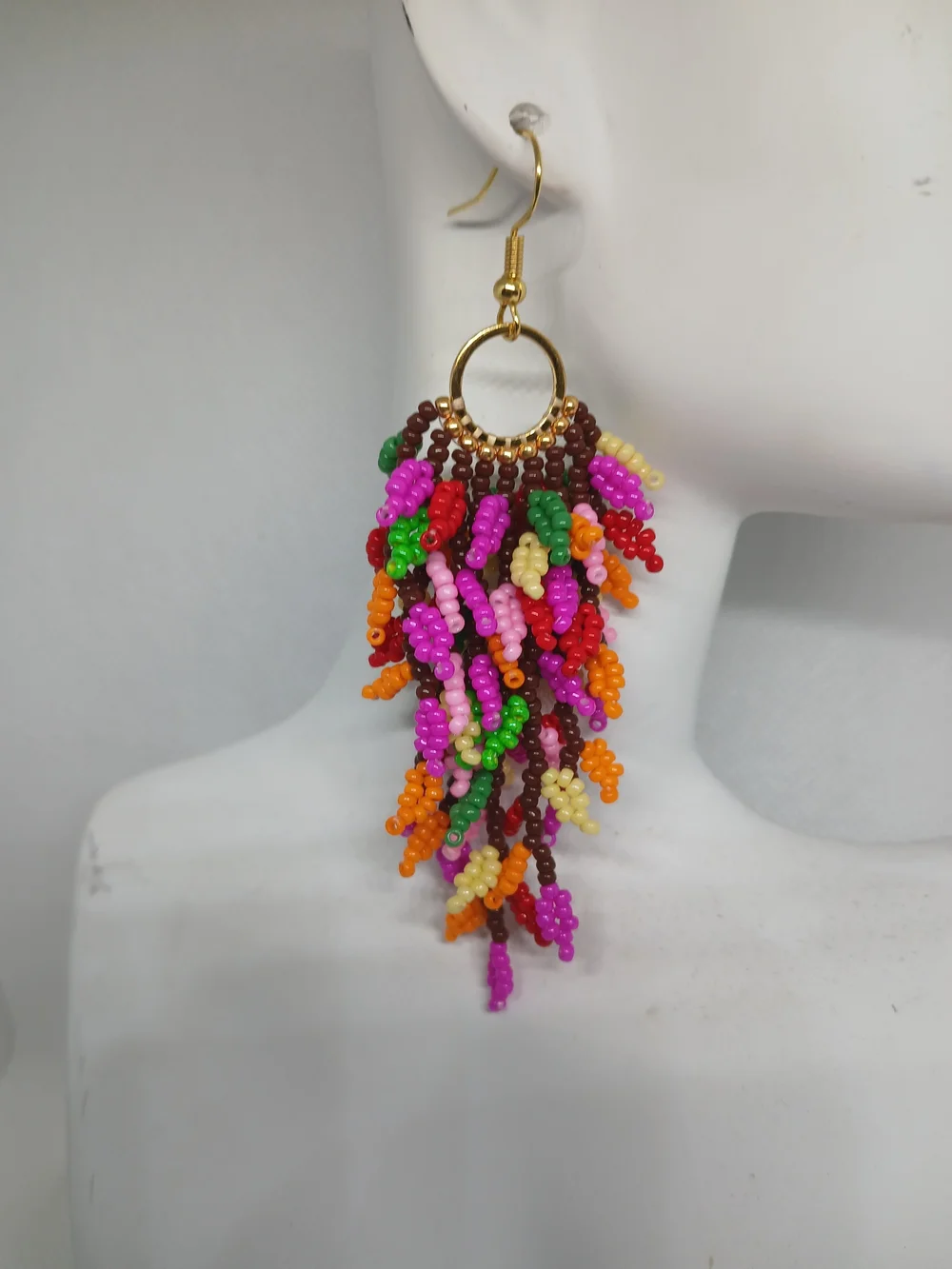 Colorful Multicolor Beaded Fringe Hoop Earrings - Gold Tone